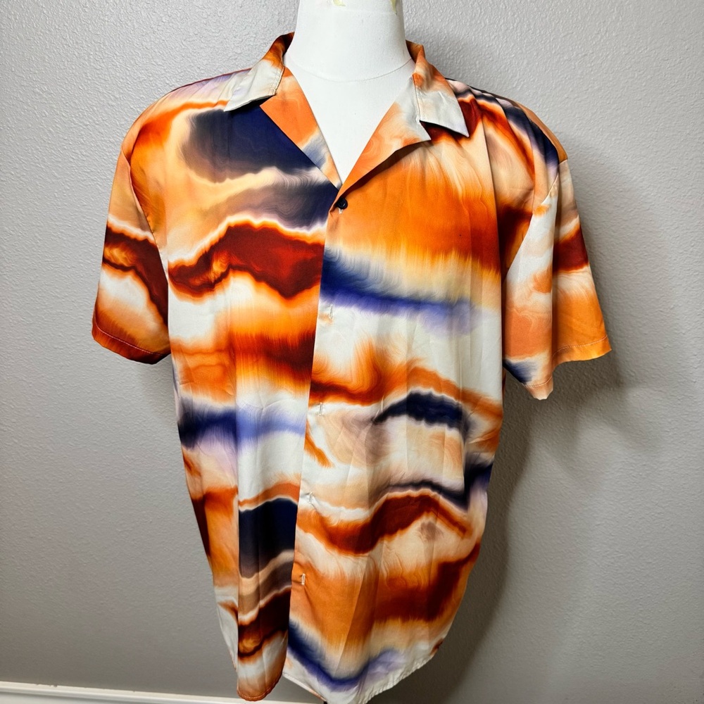 Boohoo Men's Orange and Blue Wave Shirt